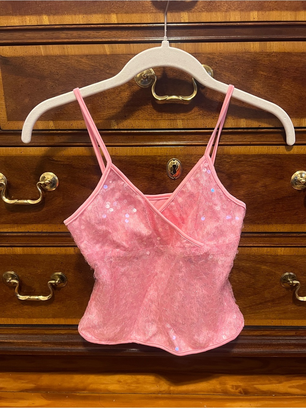 Pink Sequin Lace Cami Tank Top